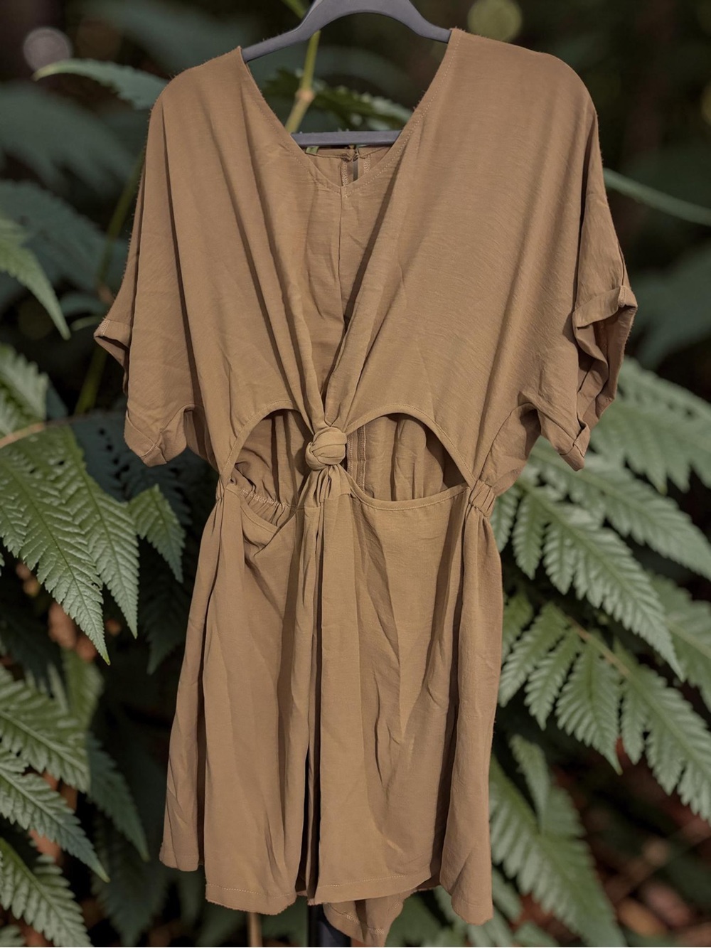 Knot-Front Short-Sleeve Romper in Camel